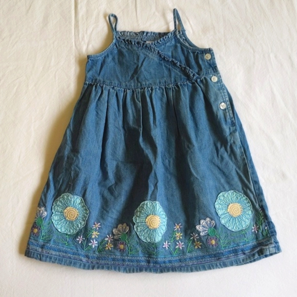 VTG 2004 Old Navy Embroidered Floral Denim Dress 4T Applique Cottagecore Retro